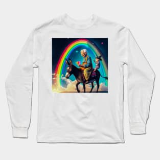 Old Lady on Donkey with Rainbow Long Sleeve T-Shirt